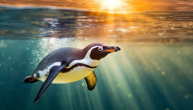 a penguin is swimming in the water and the sun is behind him