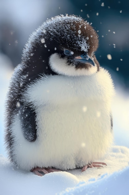 Penguin looking to the side with snow in the background created using generative ai technology