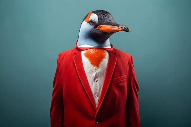 Penguin in a Red Suit Against a Simple Plain Background Stock Image of Animal in Business Suit