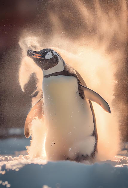 Penguin shaking off snow from its feathers generative ai