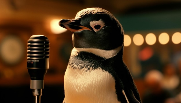 Penguin singer performs on stage with microphone generated by AI