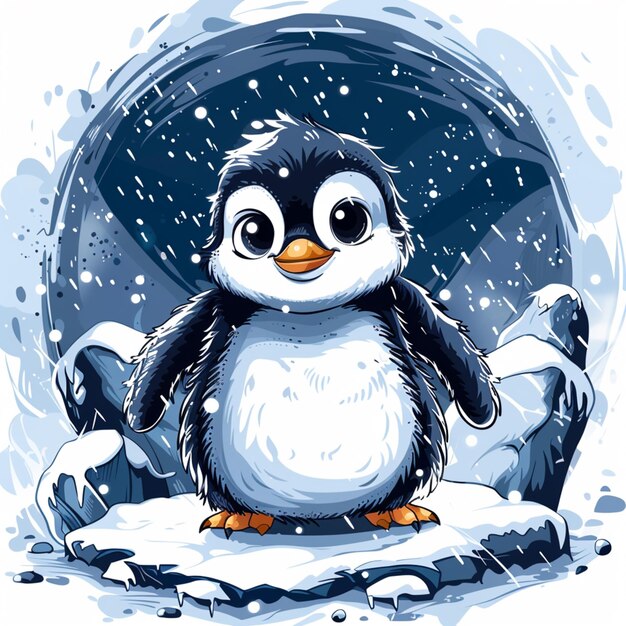 penguin sitting on snow covered ground with snow flakes around generative ai