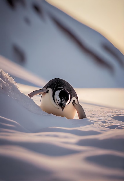 Penguin sliding on its belly down a snowcovered hill generative ai