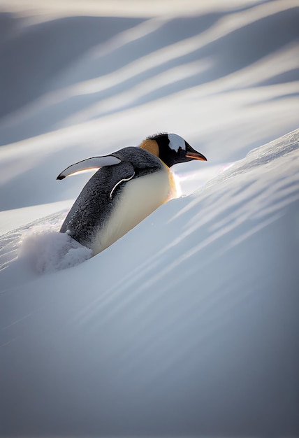 Penguin sliding on its belly down a snowcovered hill generative ai