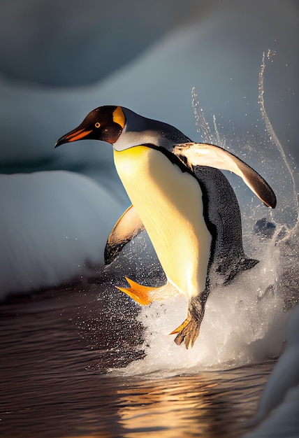 Penguin sliding out of the water onto the ice generative ai