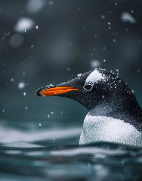 Penguin in the Snowy Waters