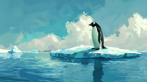 A penguin standing on an ice floe in the middle of the ocean The water is a deep blue and the sky is light blue with a few clouds