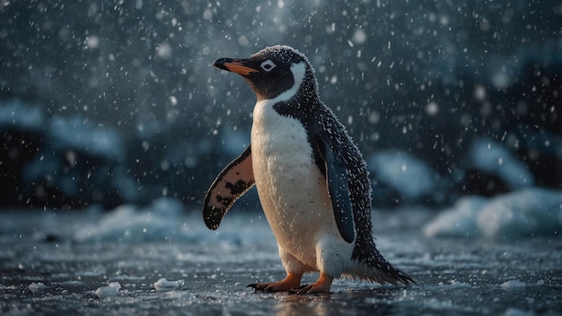 Penguin Standing on Ice with Snowflakes on Feathers