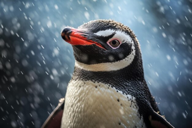 Penguin Standing in Snow with Red Beak