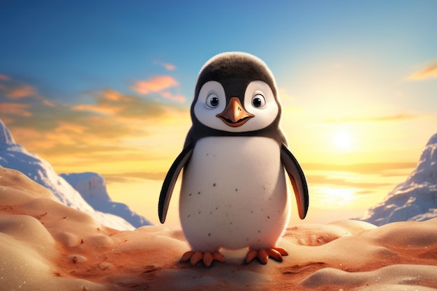 Penguin Standing in Snow with Sunset Background