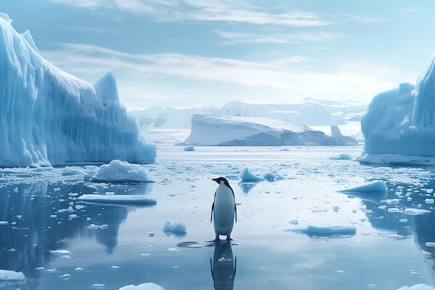 A penguin stands on an ice floe in antarctica