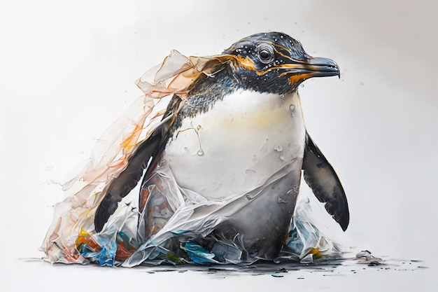 penguin stuck in plastic bag, save ocean concept, bird stuck in sea rubbish