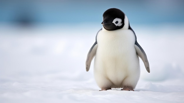 A penguin that is walking in the snow.