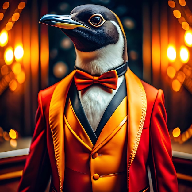 A penguin in a tuxedolike outfit