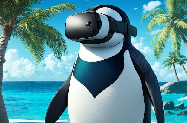 Penguin in VR goggle Northern animal in virtual reality glasses on background of tropic Generative AI