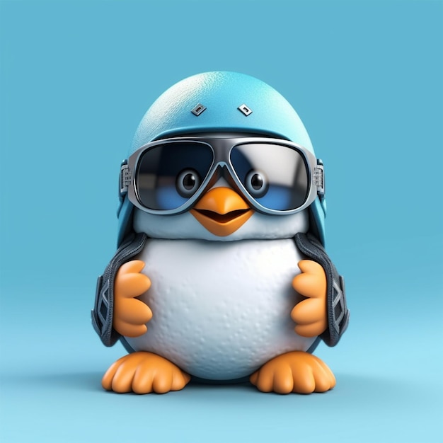 A penguin wearing goggles and a helmet with a helmet that says'penguin '