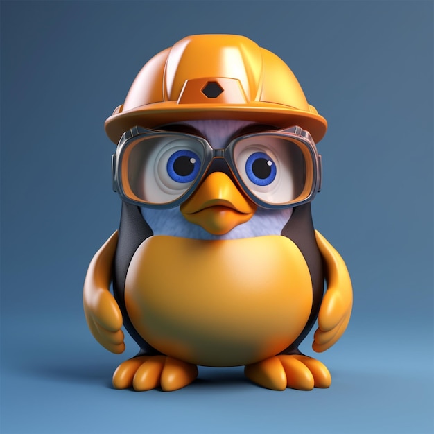 A penguin wearing a hard hat and glasses is wearing a hard hat.