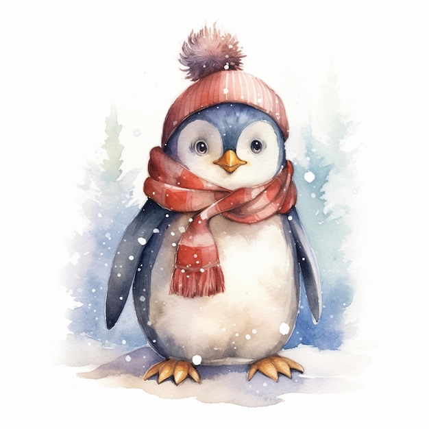 A penguin wearing a red hat and scarf is standing in the snow.