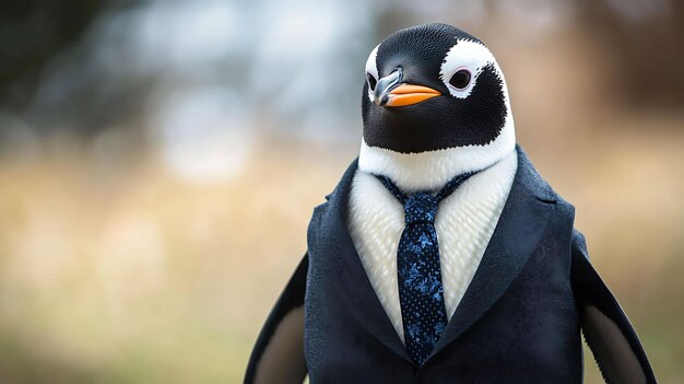 Photo a penguin wearing a suit and tie looks directly at the camera