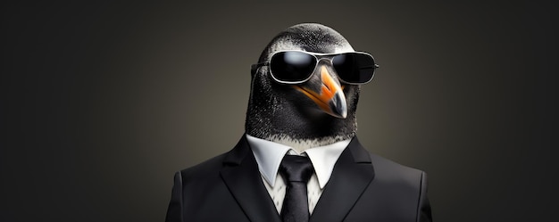 a penguin wearing sunglasses and a suit with a suit and tie