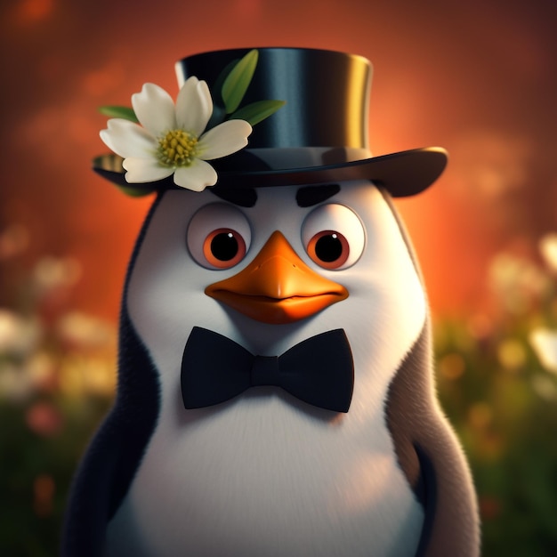 A penguin wearing a top hat and a bow tie with a flower on it.