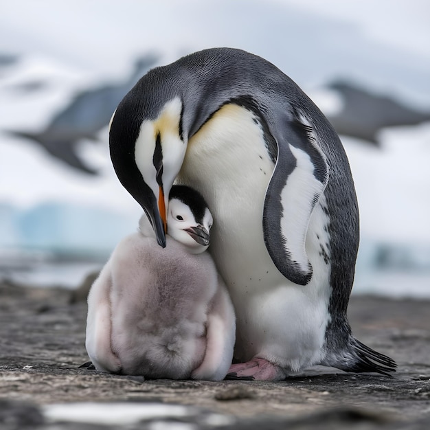 a penguin with a baby on its chest