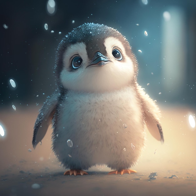 A penguin with a blue eyes stands in the snow.