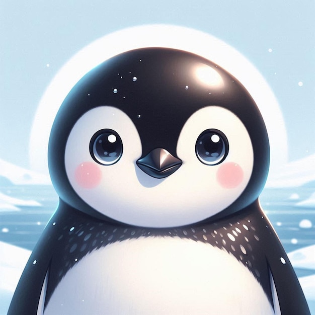 a penguin with a blue eyes and a white background with a white moon in the background