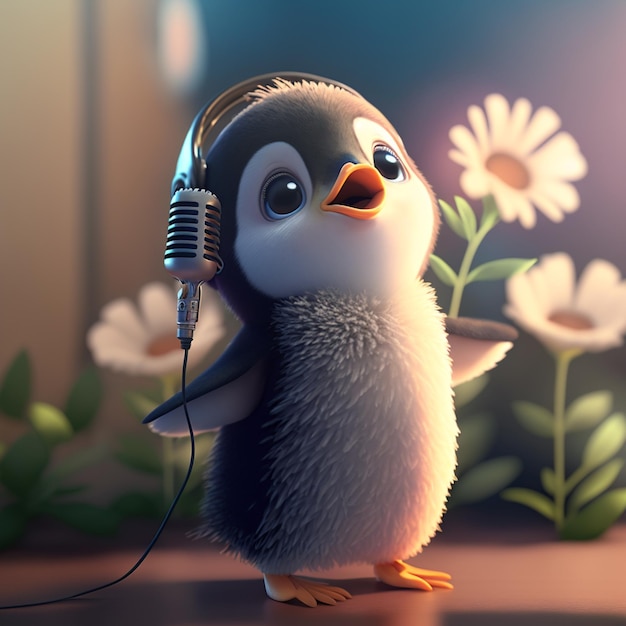 A penguin with a microphone on his head is standing in front of a flowered background.