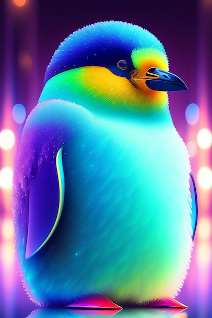 A penguin with a rainbow colored head and a black body