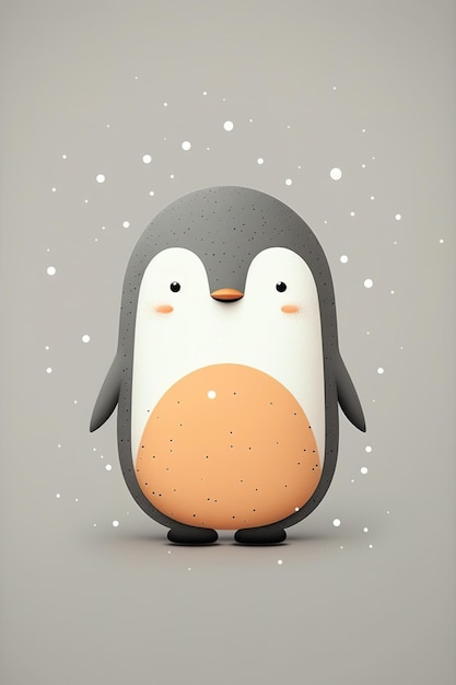 A penguin with a white belly and black eyes stands in front of snowflakes.