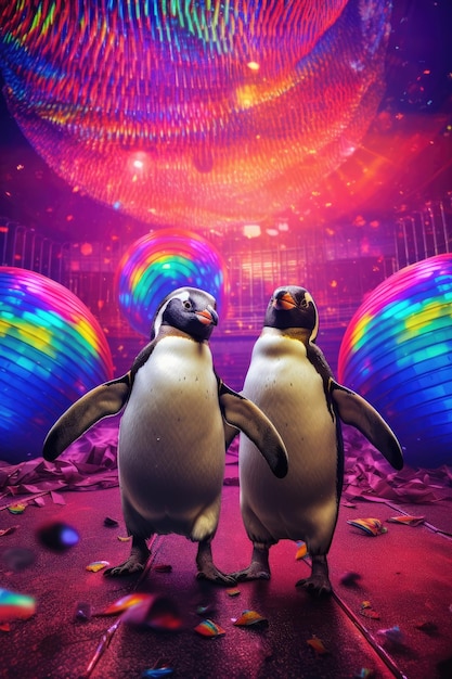 Penguins dancing under a colorful disco ball