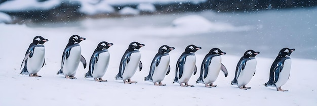 Penguins marching in the snowy landscape