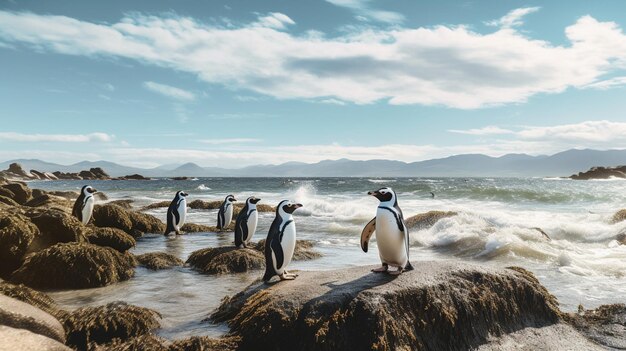 Penguins on a rock at the beach