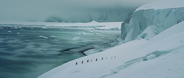 Photo penguins traverse a snowcovered landscape near icy cliffs showcasing the stark beauty and isolation of the antarctic