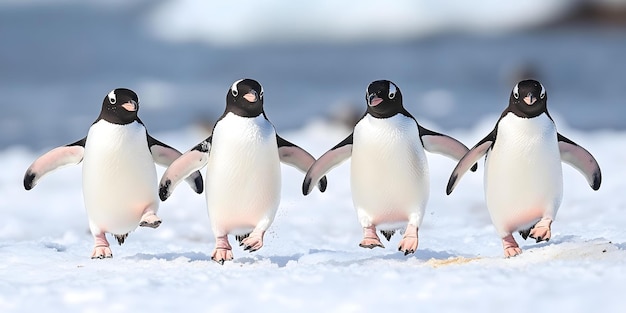 Penguins waddling on an icy landscape