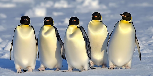 Penguins waddling on icy landscape