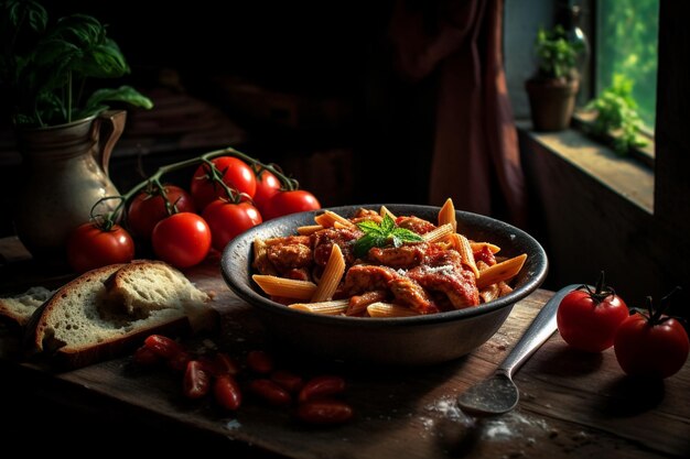 Photo penne pasta dish with chicken and tomato sauce on rustic table