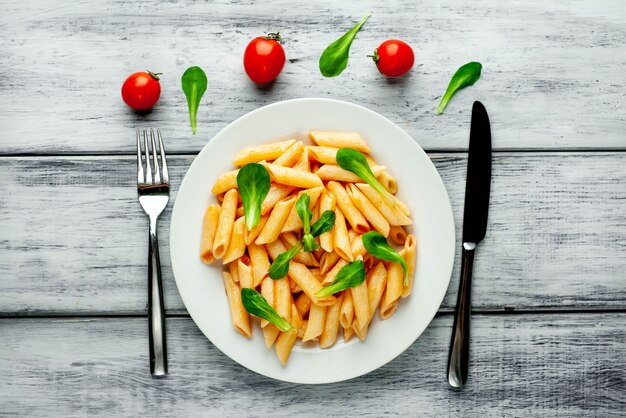 Penne pasta in plate on wood background