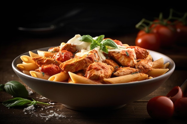 Penne pasta in tomato sauce with chicken Illustration AI GenerativexA