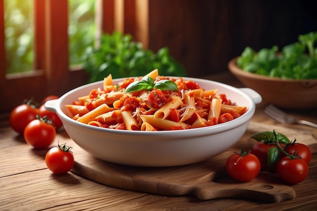 Penne pasta in tomato sauce with chicken and tomatoes on a wooden table