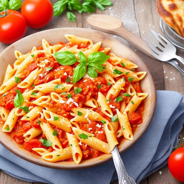 Penne pasta in tomato sauce with chicken and tomatoes on a wooden table