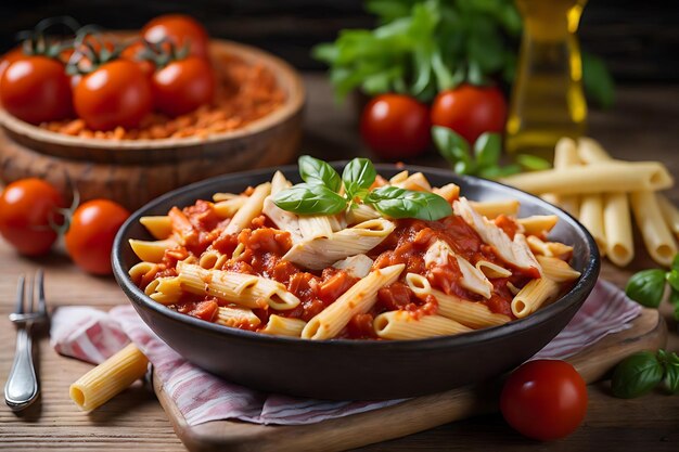 penne pasta in tomato sauce with chicken and tomatoes on a wooden table