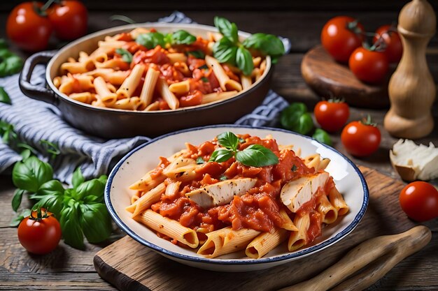 penne pasta in tomato sauce with chicken and tomatoes on a wooden table