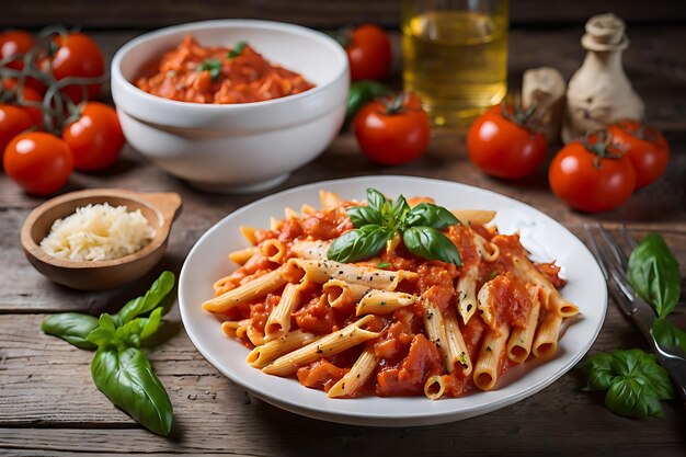 penne pasta in tomato sauce with chicken and tomatoes on a wooden table