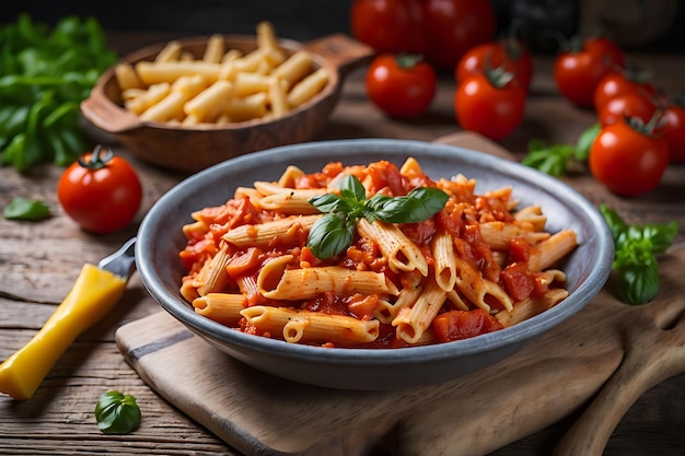 penne pasta in tomato sauce with chicken and tomatoes on a wooden table