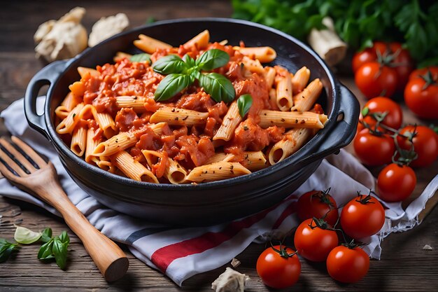 penne pasta in tomato sauce with chicken and tomatoes on a wooden table