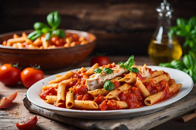 penne pasta in tomato sauce with chicken and tomatoes on a wooden table