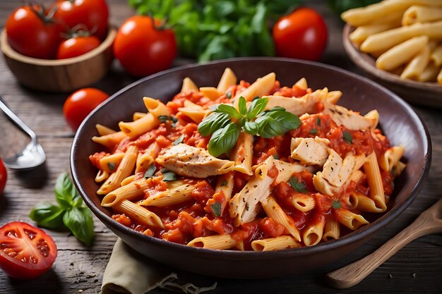 penne pasta in tomato sauce with chicken and tomatoes on a wooden table