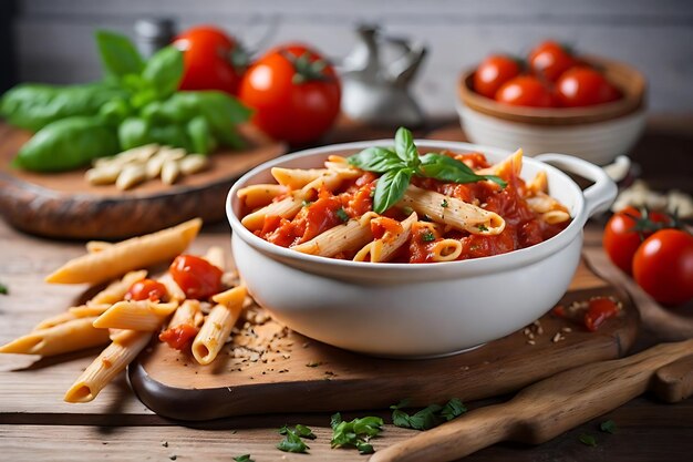 penne pasta in tomato sauce with chicken and tomatoes on a wooden table